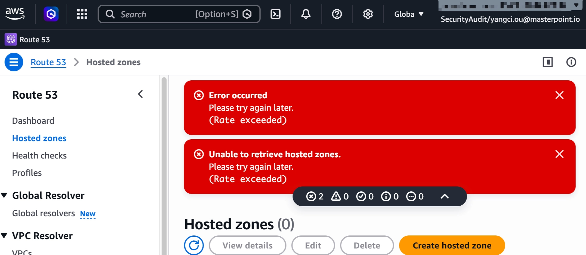 AWS Route 53 console failing to list hosted zones with &ldquo;Rate exceeded&rdquo; errors